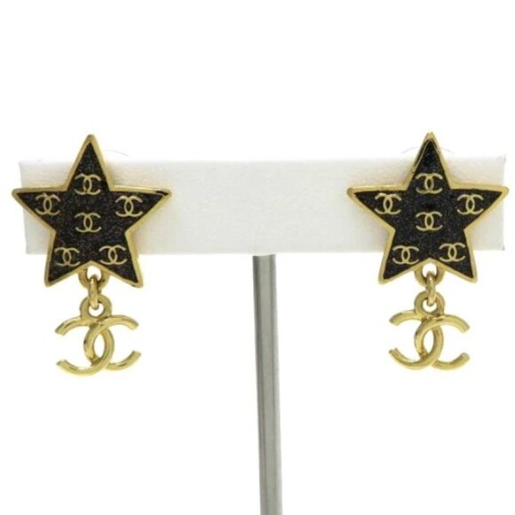 CHANEL CC Logos Black Star Drop Stud Earrings Gold Tone C24C Auth - Picture 1 of 9